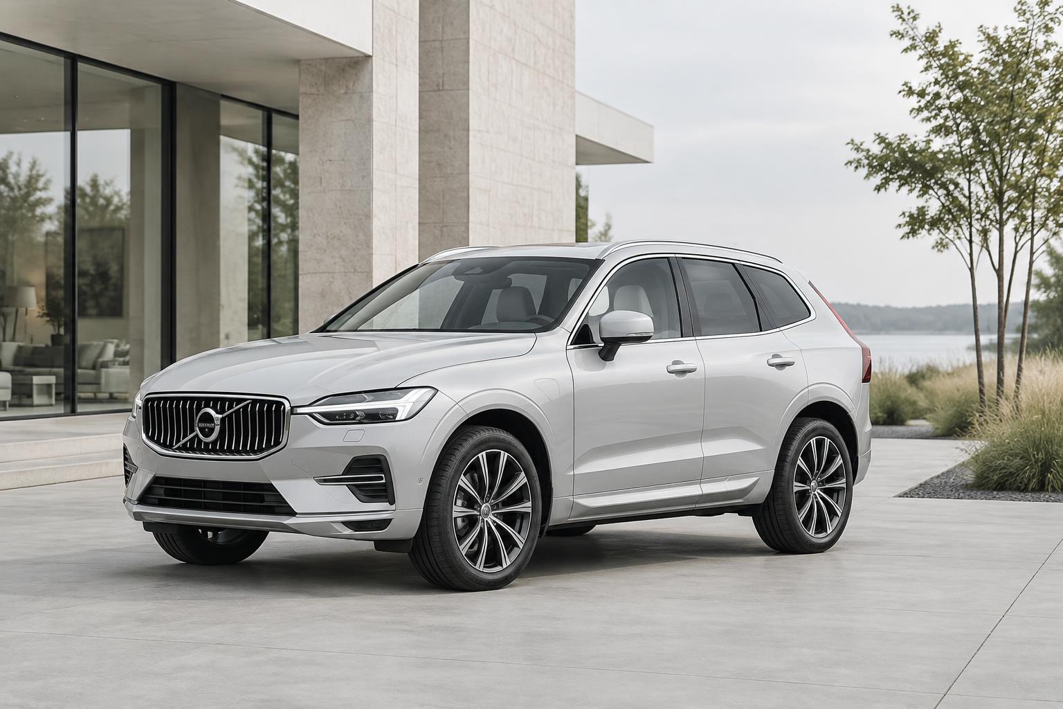 Silverfärgad Volvo XC60 framför en skandinavisk byggnad
